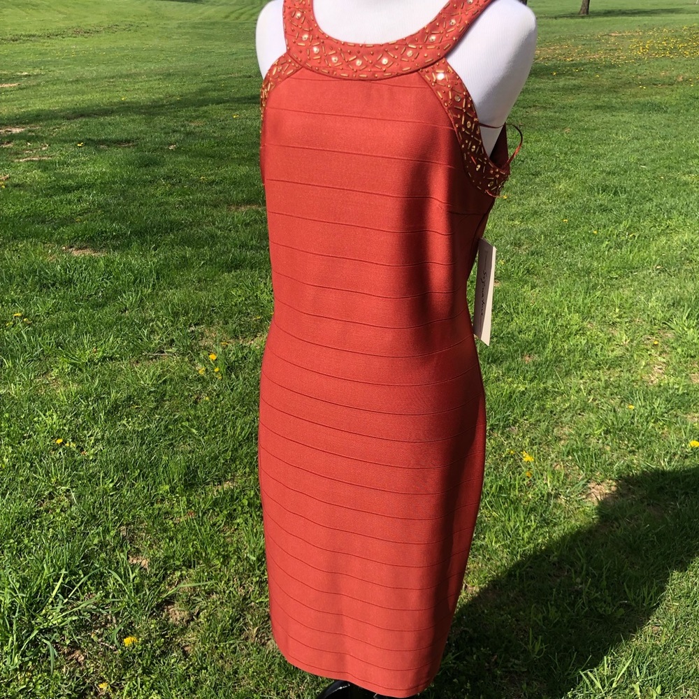 NEW WITH TAG Burnt Orange color dress Roman style top with gold sequins